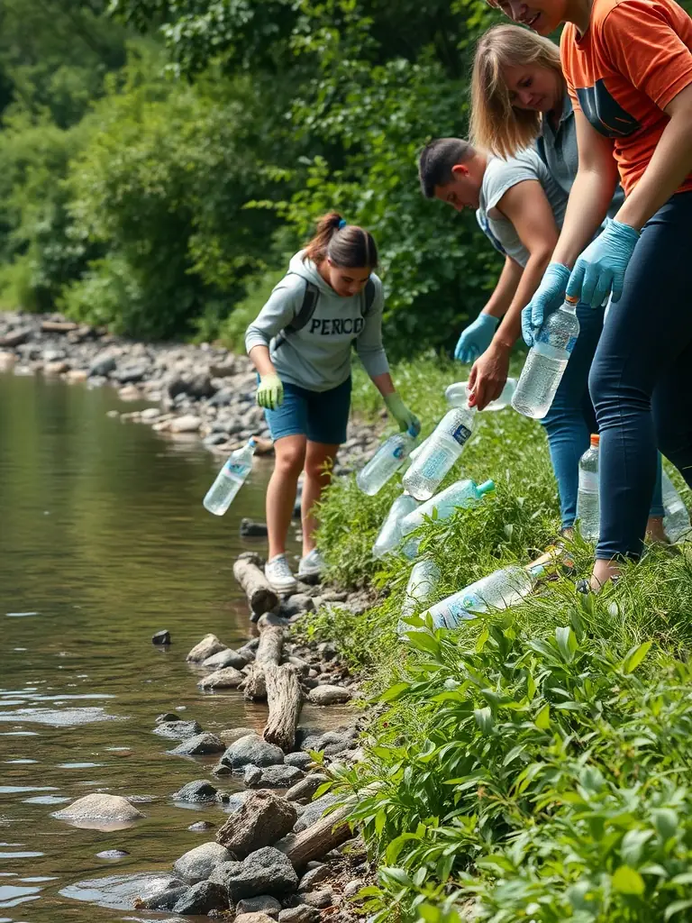 A photograph of volunteers cleaning up a riverbank, removing trash and debris to improve the aquatic habitat, showcasing community involvement and environmental stewardship.