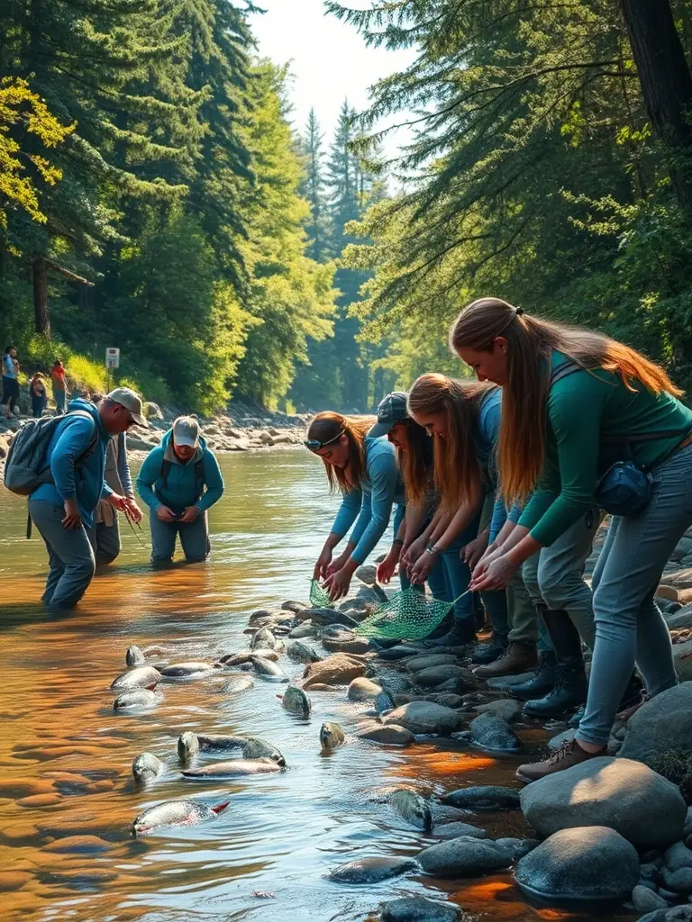 An image of a fish restocking activity, showing members of LES PECHEURS DE TULLE releasing fish into a local river to enhance fish populations.
