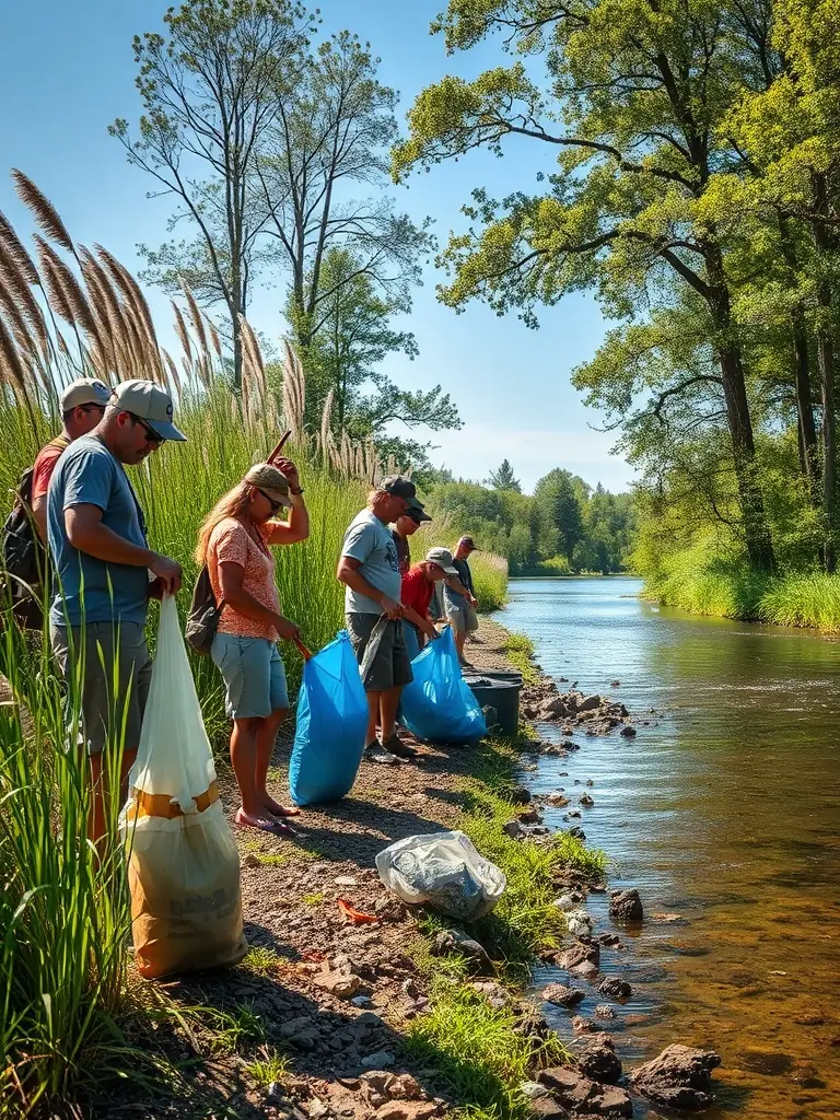 A photo of volunteers cleaning up trash along the banks of the Corrèze river in Tulle, focusing on their teamwork and the visible impact of their efforts.