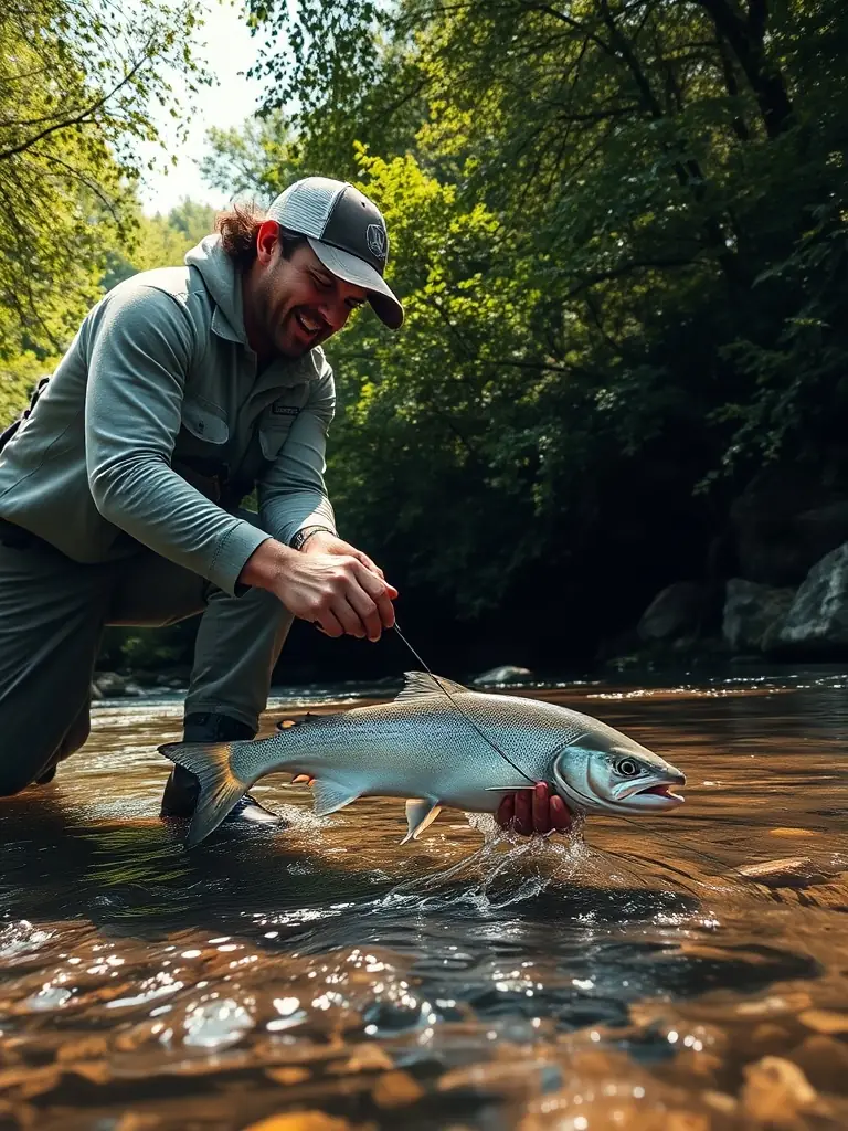 A close-up shot of a fish being carefully released back into the river after being caught during a monitoring program.