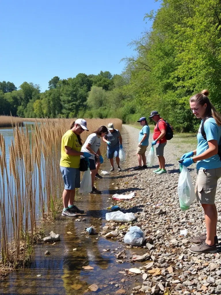 A photograph of volunteers participating in a river cleanup, removing trash and debris from the riverbank, showcasing LES PECHEURS DE TULLE's commitment to environmental protection.