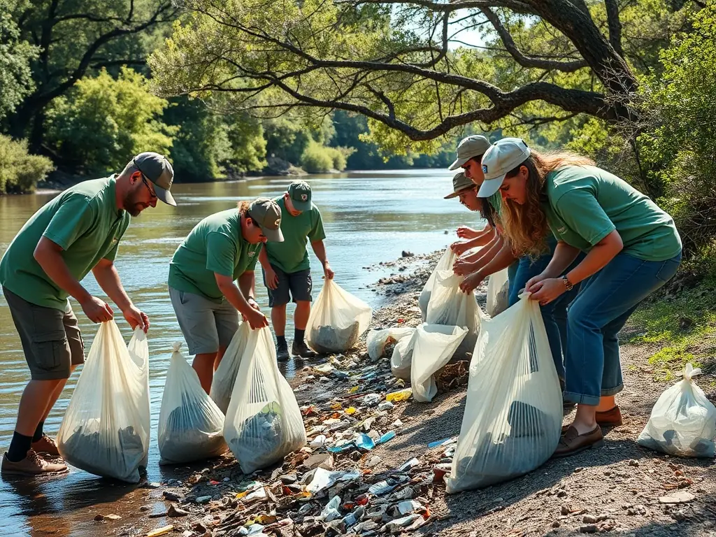 A photograph capturing volunteers cleaning up a riverbank, removing trash and debris to improve the health of the aquatic ecosystem.