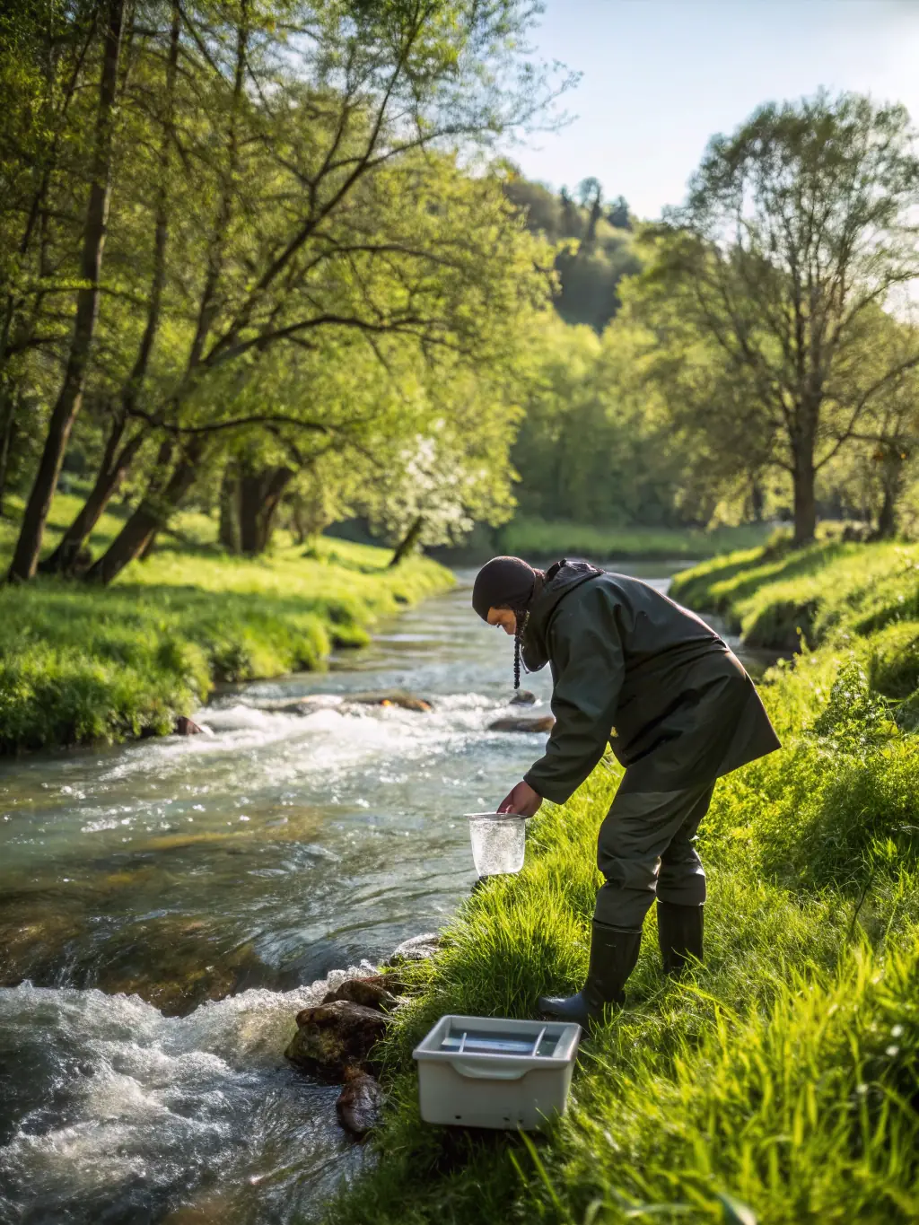 A picture of researchers monitoring water quality in a local river, using scientific equipment to assess pollution levels and ecosystem health.