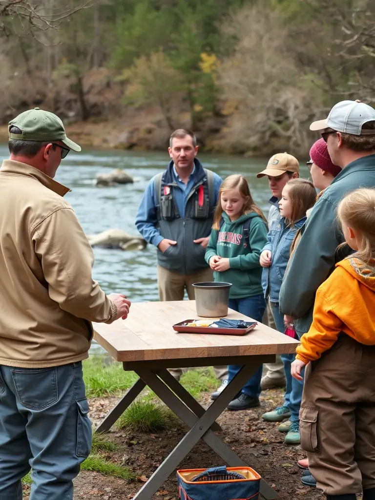 A photo of a community meeting where members are discussing local fishing regulations and conservation efforts.