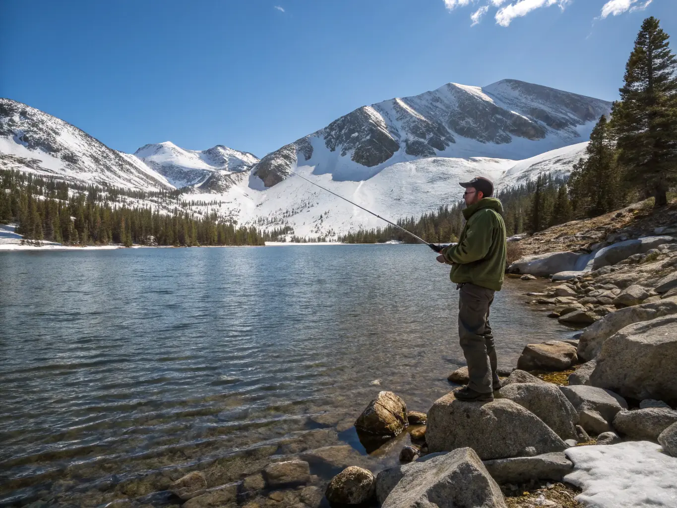 An image of a serene freshwater lake with anglers practicing sustainable fishing, surrounded by lush greenery and clear waters.