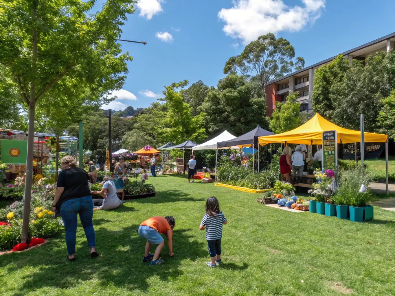 A group of children and adults participating in a hands-on water conservation workshop outdoors, with educational banners and aquatic-themed activities.
