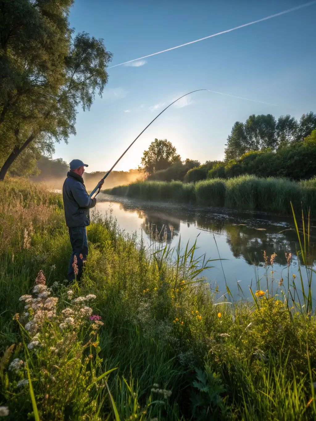 An image of a well-stocked river with anglers responsibly fishing, demonstrating sustainable fishing practices and the preservation of fish populations.